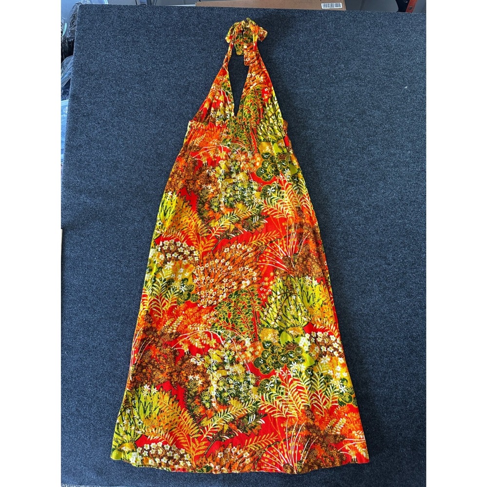 Two Potato Laguna Beach Vintage Halter Maxi Dress Tropical Floral Orange SM Boho